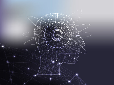 抽象技术未来概念头人体数字和深紫色高科技数字技术矢量设计的背景。