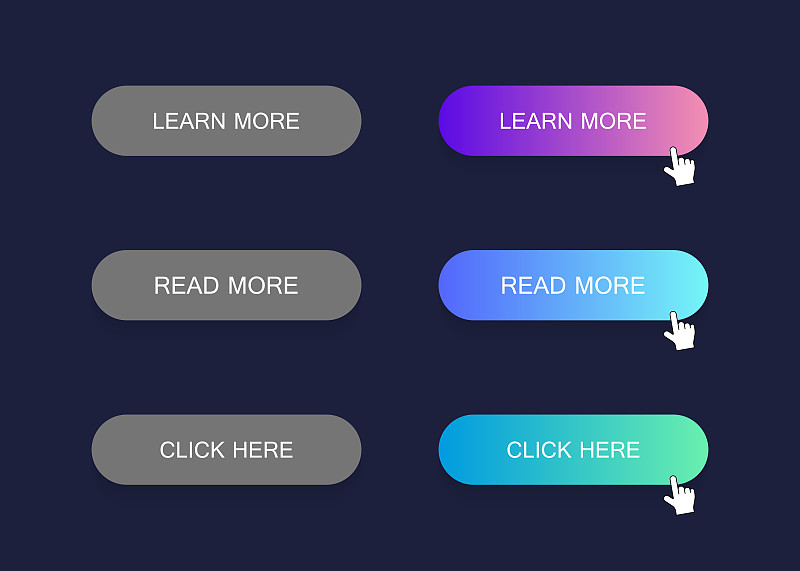 一套现代材料风格的按钮。不同的渐变颜色。现代矢量插图平面风格
