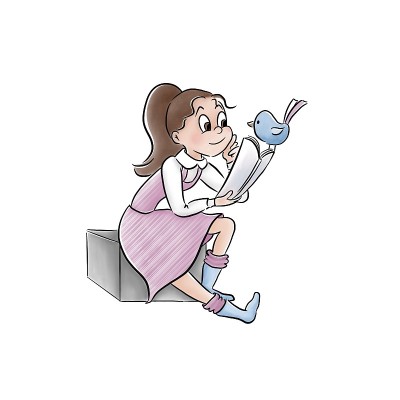 穿裙子的黑发女孩正在看书，坐在书上有鸟的立方体上