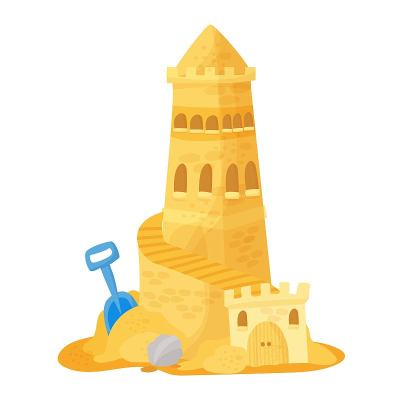 沙滩上的沙堡。矢量插图孤立在白色背景