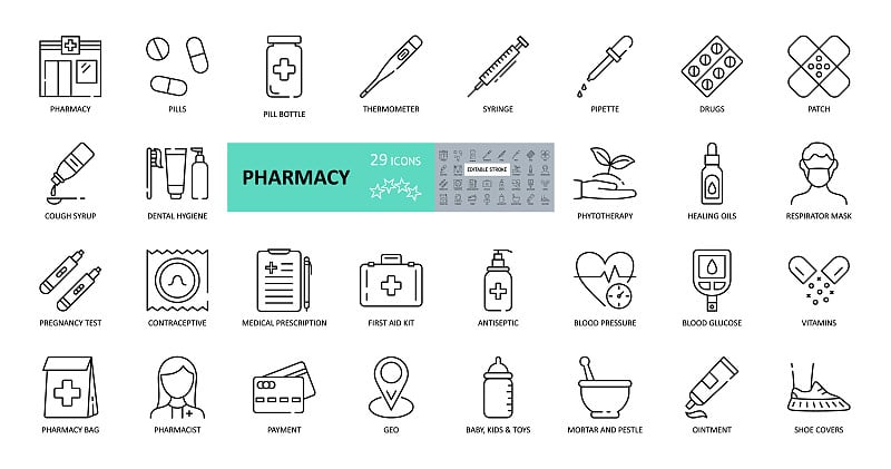 向量药房图标。集29图像与可编辑的笔触。网上销售药品、仪器、温度计、注射器、口罩、鞋套、维生素、止咳