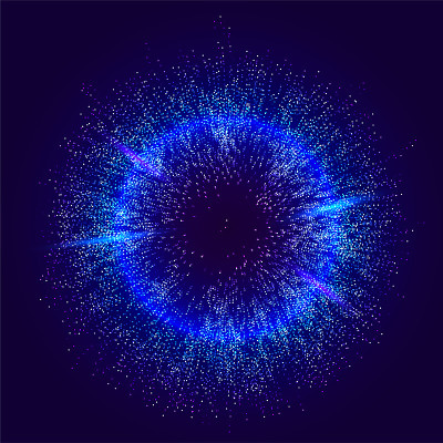 突发颜色矢量背景。点液流动三维设计插图。几何动态粒子爆炸概念