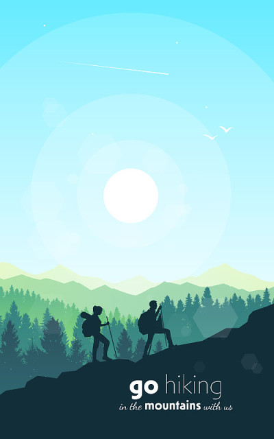 一些登山者。在黎明爬到山顶。发现、探索和观察自然的旅游理念。徒步旅游。冒险。极简主义的图形传单。多边