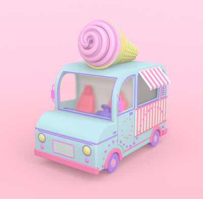 可爱的冰淇淋巴士在粉红色的背景上的3d渲染插图。