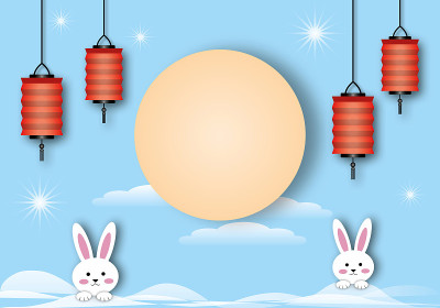 满月与可爱的兔子在柔和的蓝色背景，概念中秋节和贺卡。