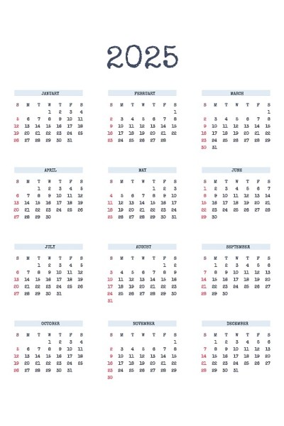2025年日历模板采用经典的严格风格，用打字字体书写。每月日历，个人时间表，极简限制设计的商务笔记本