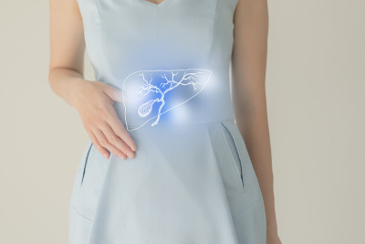 穿着蓝色衣服的女人手里拿着虚拟的胆囊。手绘人体器官、排毒保健、保健医院服务概念图库