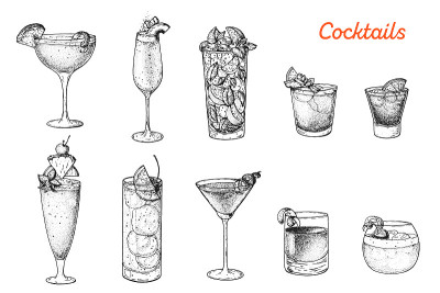 酒精鸡尾酒手绘矢量插图。鸡尾酒素描集。雕刻风格。Sidecar, bellini, mojito, 