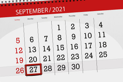 日历计划，2021年9月，截止日期，27日，周一