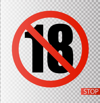 Under 18 years prohibition sign. adults only. Numb