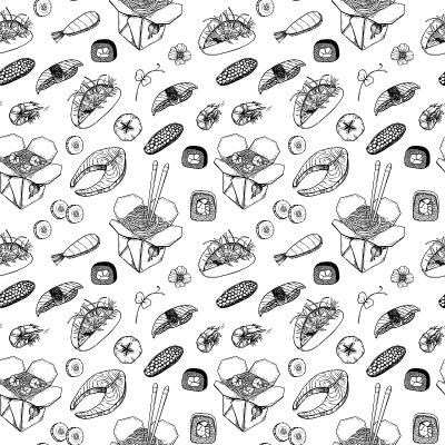 亚洲食品-矢量无缝模式。手绘插图:炒锅，生鱼片，寿司，手用筷子，蔬菜，海鲜。适合餐厅，菜单，咖啡馆，