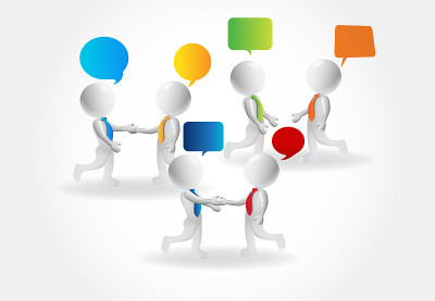 3d Small people handshaking and talking speech bub