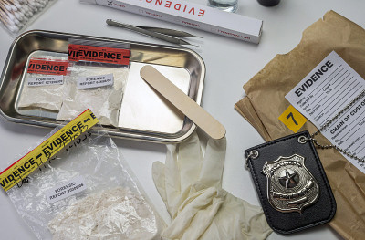犯罪实验室的警徽旁边放着毒品袋，概念形象
