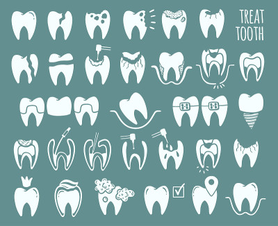 Tooth set icon dental treatment isolated collectio