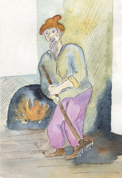 男人在扫地，滑稽的水彩画