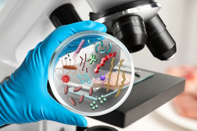 科学家拿着装有微生物的培养皿，特写。实验室分析
