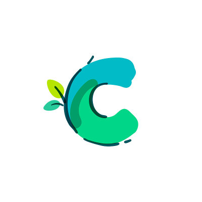 C字母标志与绿叶手写与毡尖笔。