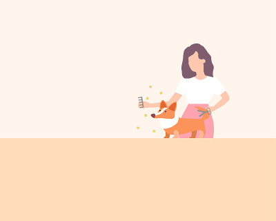 女孩在米色背景上剪一只狗，矢量图形