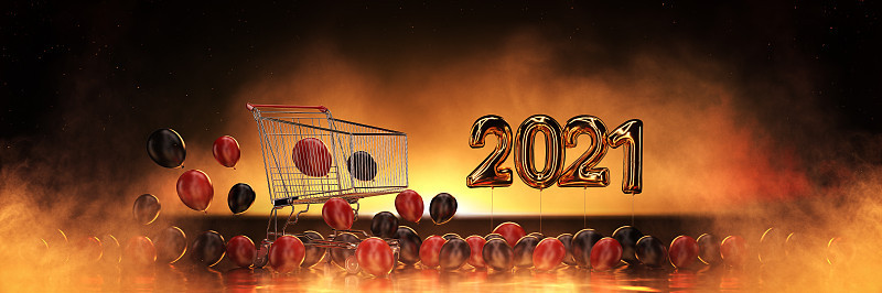 2021年新年快乐的数字。有气球的购物车。三维渲染