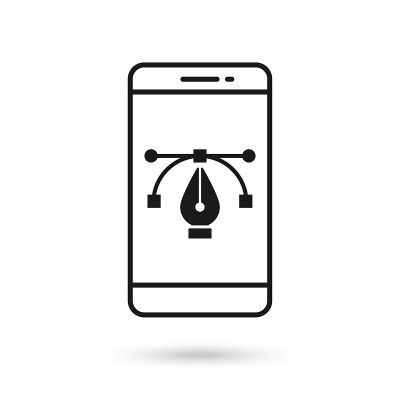 手机平面设计图标与钢笔工具标志。