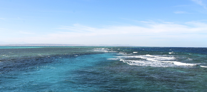海滩，沙滩和天空。海滩海景在夏天的一天。海滩上的空间区域