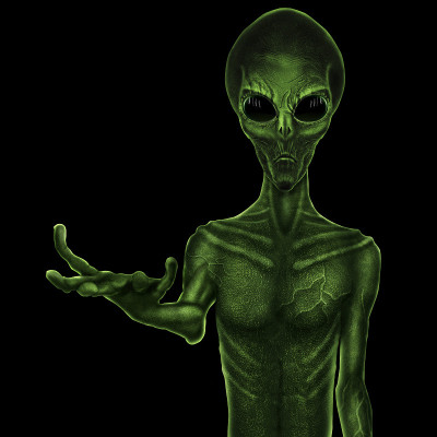 绿色外星人，黑色背景上有一双黑色的大玻璃眼睛。不明飞行物概念，外星人，接触外星文明。3D插图，3D渲