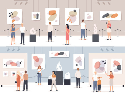 人们在博物馆。参观者在美术馆观看展览艺术品、绘画和雕塑，游客在文化中心的载体概念