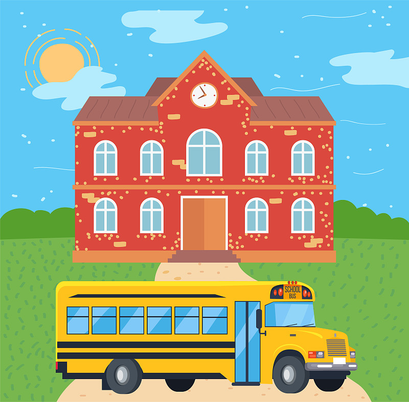 School Bus near College, Public Transport Vector