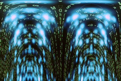 蓝绿色矩阵数字背景。扭曲的网络空间的概念。绿色的人物倒下了。来自符号流的矩阵。虚拟现实设计。复杂的算