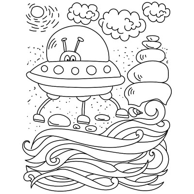 飞碟与外星人在海边，涂色页与一架飞机在海边