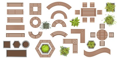 一套向量木凳和花盆植物景观设计俯视图。收集户外木制家具、植物、树木。平面风格的建筑元素。表、长凳、椅