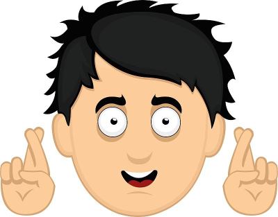 矢量插图的脸一个年轻的卡通人，交叉他的手指