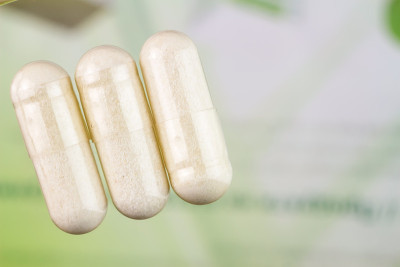 葡萄糖胺胶囊，食品补充丸，俯视图，宏观图像。