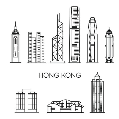 香港旅游地标的历史建筑细线图标。