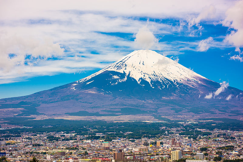 日本的大坂市和富士山。