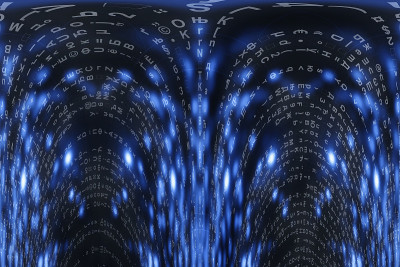 蓝色矩阵数字背景。扭曲的网络空间的概念。人物倒了。来自符号流的矩阵。虚拟现实设计。复杂的算法数据黑客