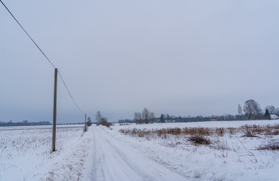 湿滑的乡村路，大雪覆盖的地面在多云的冬日