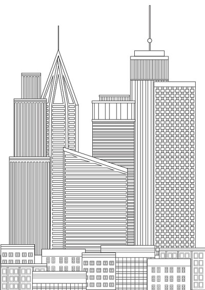 涂色页与摩天大楼或建筑在城市，无色轮廓或线性股票矢量插图与高大的房子作为抗压力治疗成人