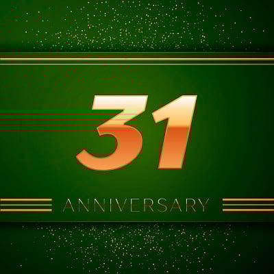 现实的31周年纪念庆祝标志。绿色背景上的金色数字和金色五彩纸屑。彩色矢量模板元素为您的生日派对