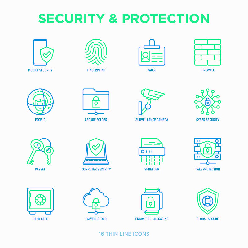 Security and protection thin line icons set: mobil