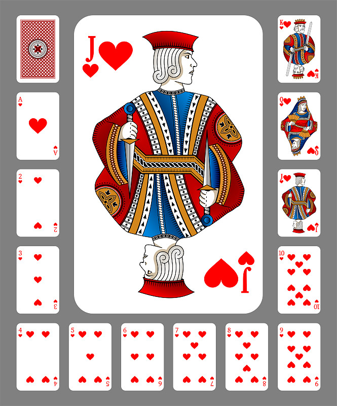 Playing cards of Hearts on a green background. Ori