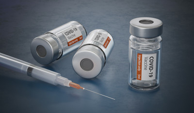COVID-19疫苗注射器和瓶子。3 d渲染插图。