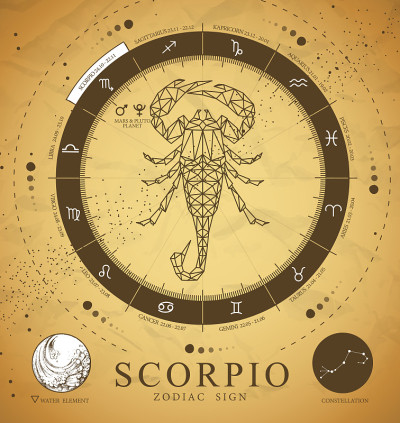 复古魔术魔术卡与星相天蝎座星座。多边形蝎子插图。星座的特点