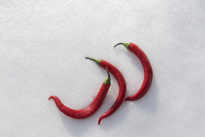 雪上放着三个辣椒