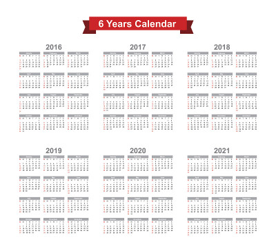 2016 - 2021年日历白底黑字