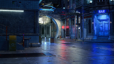 在一个破旧的赛博朋克城市的夜晚，一个黑暗的未来主义城市街景的3D渲染。