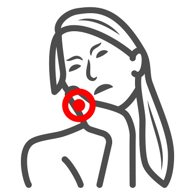 女人牙齿伤害线图标，身体疼痛概念，人有牙痛矢量标志在白色背景，轮廓风格图标为移动概念和网页设计。矢量