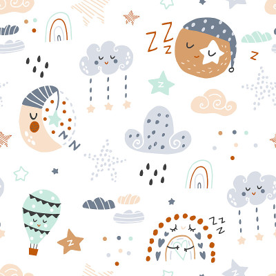 天衣无缝的童稚图案，睡眠中的月亮，行星，彩虹，星星。矢量图