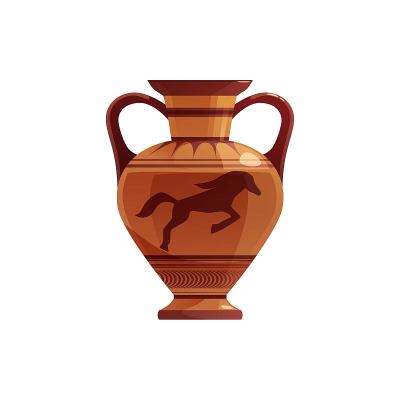 古希腊装饰花瓶。古代传统的陶罐或酒壶。向量卡通插图。