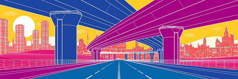 丰富多彩的城市建筑和基础设施插图，汽车立交桥，大桥，城市场景。晚上小镇。白色轮廓在彩色背景上。矢量设